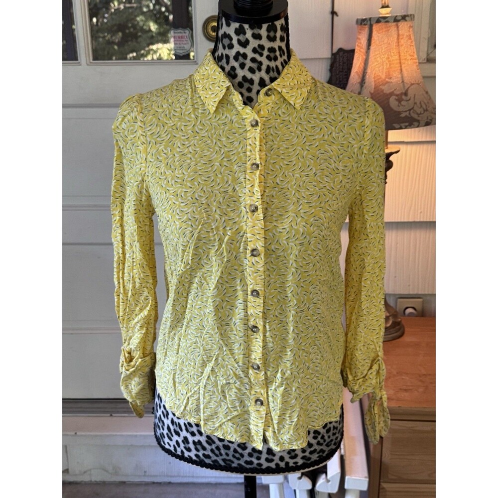 Maeve Anthropologie Blithe Button Up Shirt Tie Cuffs Sz 0 Yellow Colorful